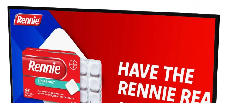 Infonäyttö apteekkiin Rennie-mainos