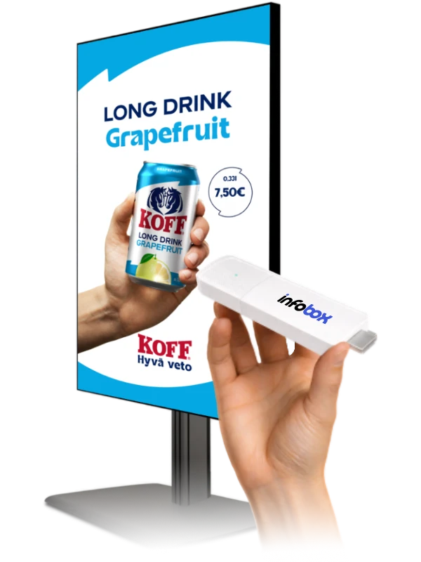 InfoBox-tikku ja Sinebrychoff KOFF Long Drink -mainos näytöllä